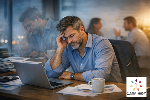 Un homme mûr assis à son bureau devant un ordinateur portable, la tête appuyée sur sa main, exprimant une profonde fatigue et un épuisement professionnel (burn-out). En arrière-plan flou, une scène de bureau animée contraste avec son isolement. Le logo 'G