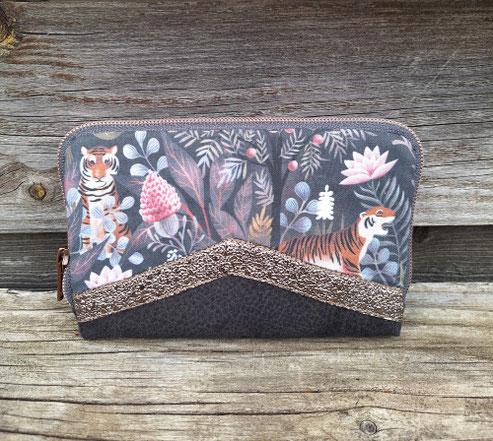 portefeuille femme zippé tissu gris avec tigre faux cuir anthracite similicuir bronze