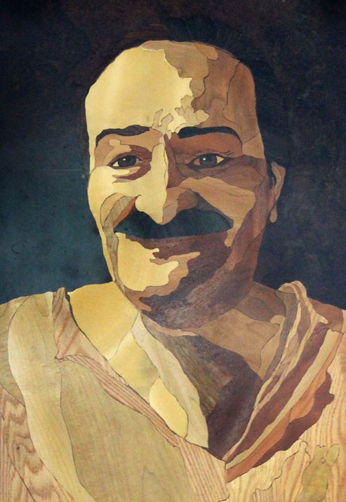 Timber inlay portrait of Meher Baba by Shaheen Khorsandi