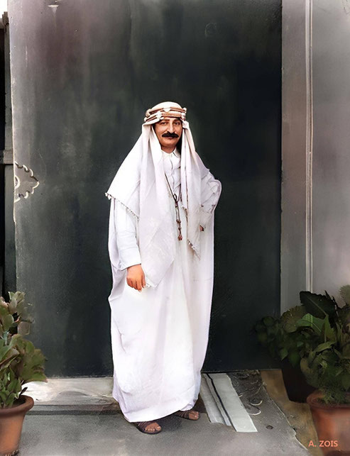 Mid-1930s : Meher Baba wearing an Arabian costume in a Nasik studio, India. Image rendered by Anthony Zois.