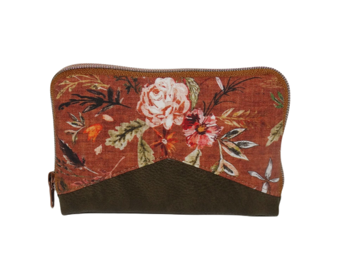 Portefeuille femme fermeture zippée, en faux cuir kaki et tissu rouille fleuri , couleurs automnales fleurs romantiques, 9 porte-cartes