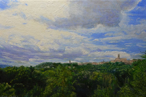 NUVOLE BIANCHE E PERUGIA　白い雲とペルージャ　12x18cm 油彩・板
