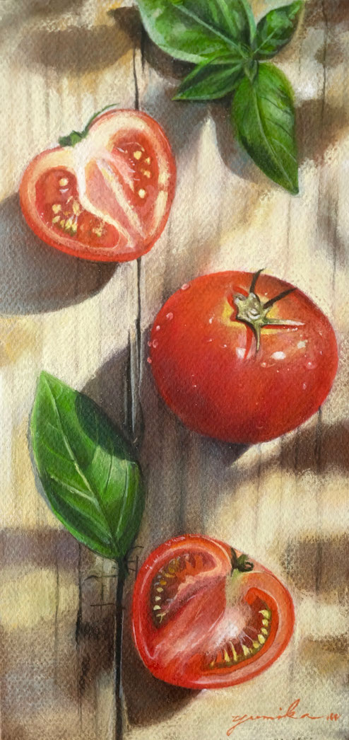 夏の食卓〜トマトとバジル〜　347×151mm　 パステル・アクリル