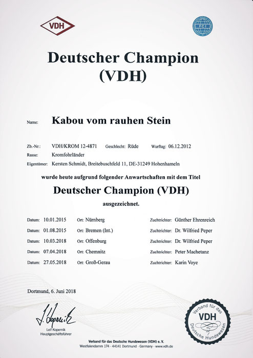 Kabous VDH-Urkunde für den Deutschen Champion (VDH)