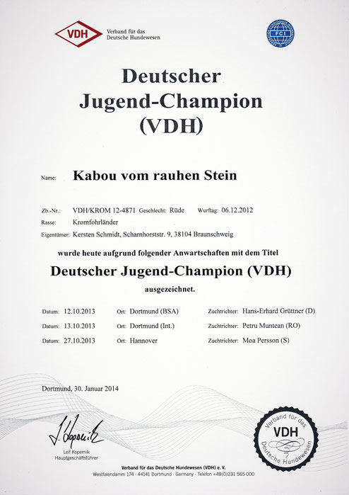 Kabous VDH-Urkunde für den Deutschen Jugend-Champion (VDH)