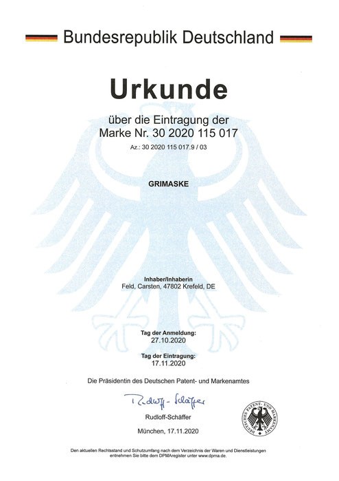 Eingetragen und geschützt: Grimaske® - Kein Virenübertragung durch Virusinaktivierung bei einer Grimaske® von Feld textil GmbH in Krefeld