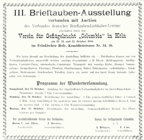 Brieftauben-Ausstellung, Verband Deutscher Brieftaubenzüchter, Geschichte der Brieftaube, Brieftaube