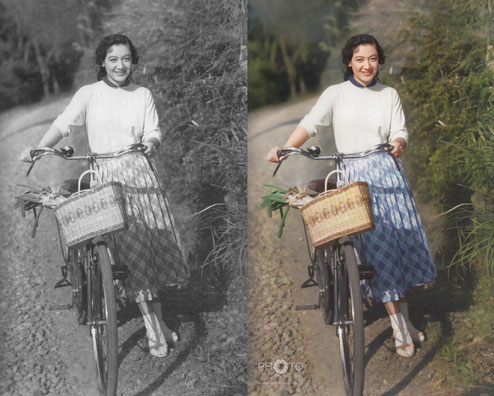 修復・色再現 作業前→作業後比較　 原節子さん『山の音』ロケ中のショット