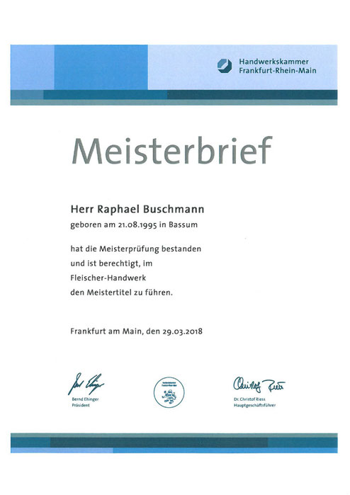 Raphael Buschmanns Meisterbrief des Fleischerhandwerks.