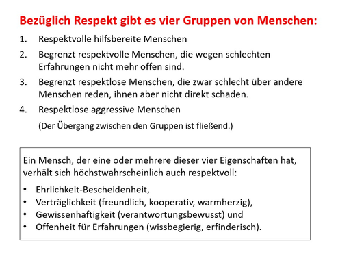 Wie auf respektloses Verhalten reagieren - respektvolle von respektlosen Menschen unterscheiden - Gruppen - Eigenschaften - Ehrlichkeit-Bescheidenheit - Verträglichkeit - Gewissenhaftigkeit - Offenheit für Erfahrungen - www.learn-study-work.org