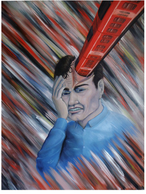 Kopfschmerzen II, 2014, Thorsten Singer, Zug im Kopf, Zug rast durch Kopf, Gemälde, leidender Mann