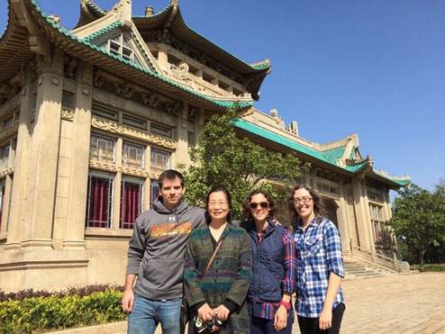 Visiting Wuhan in Oct. 2015. Photo taken in from of the library of Wuhan University. From left to right are graduate student John Sittmann, Zhongchi Liu, graduate student Rachel Shahan, and postdoc Julie Caruana.