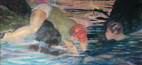 Niños en las rocas. Óleo sobre tabla. 60 x 180 cm. 2000. Colección privada.
