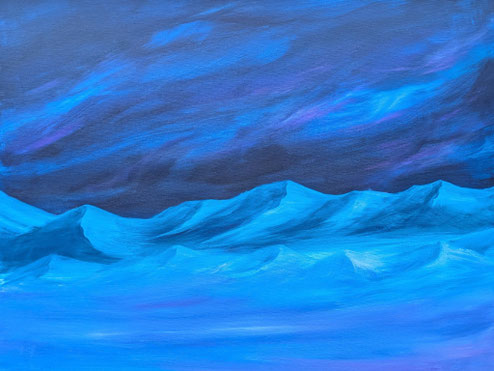 Acrylbild Hintergrund: Weltall Himmel mit Dünen im Vordergrund, alles in Blau, Lila, Türkis gehalten.