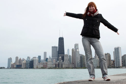 Blogger in front of Chicago skyline