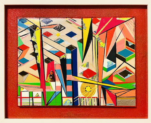 „ERISTIK“ – abstraktes Acrylgemälde von Andreas Alka mit intensiver Farbkomposition, geometrischen Mustern und aufwendiger Strukturarbeit; gerahmt in speziell gefertigtem, Holzrahmen.