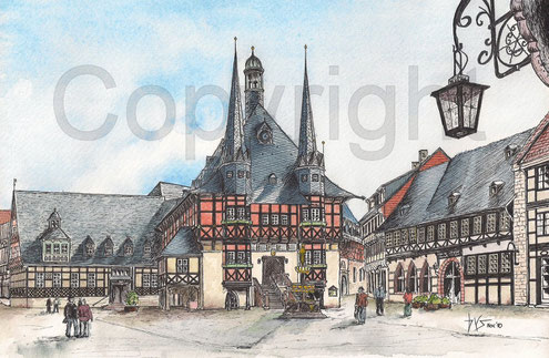 Rathaus von Wernigerode, Wernigerode im Harz, Markt Wernigerode, Gemälde Wernigerode, gemaltes Bild, Bild von WR, WR, Altstadt im Harz, Heiraten im Rathaus