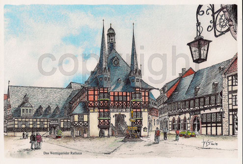 Rathaus von Wernigerode, Wernigerode im Harz, Markt Wernigerode, Gemälde Wernigerode, gemaltes Bild, Bild von WR, WR, Altstadt im Harz, Heiraten im Rathaus