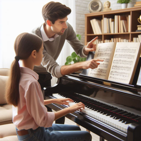 次の音を見ながらピアノを弾く画像