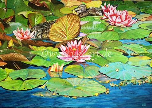 Seerosen mit Enten, Acryl auf Leinwand, 70 x 100 cm