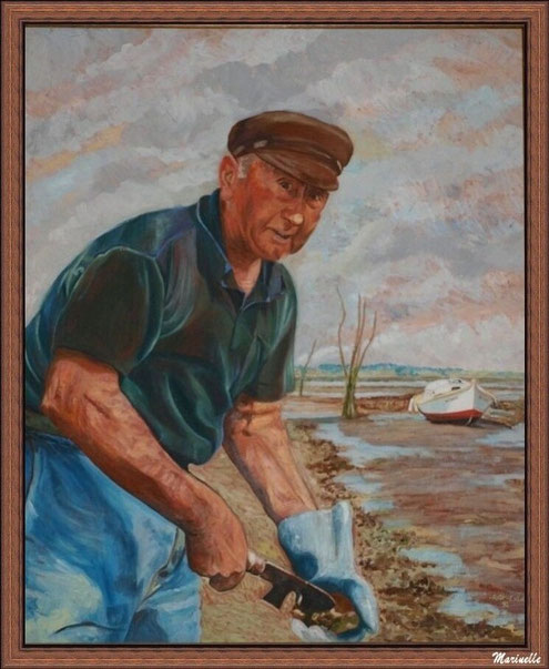 Jeannot Lagauzère dit "Larcouy" désatrocant des huîtres sur un parc - Tableau d'Esilda Lajoinie, Gujan Mestras (Bassin d'Arcachon)