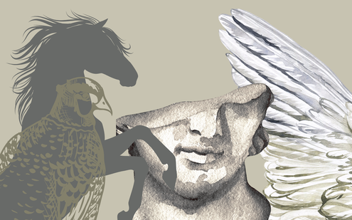 Illustration zum Erzählabend "Ovid - erzählt". Collage aus Pferd, Kopf, Flügel.