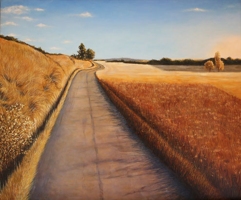 peinture-hyperrealisme-paysage-chemin-uzes-sud-france-soleil-lumière-ciel-bleu-roussel-meric