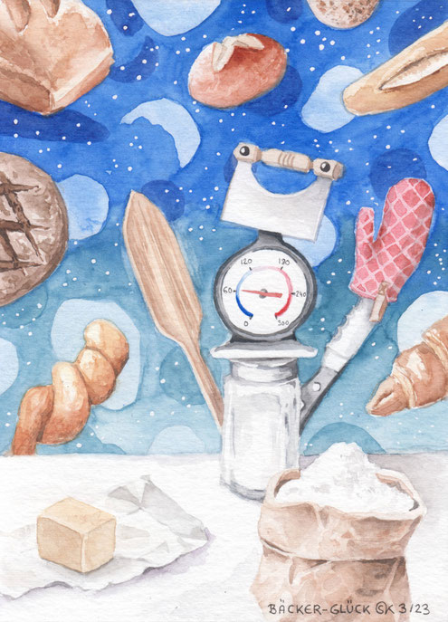 Aquarellbild "Bäcker-Glück": Fantasiefigur zusammengewürfelt aus Backutensilien, umher wirbelt Backwerk, im Vordergrund Butter und Mehl