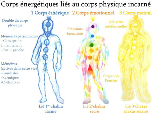 Aura, corps énergétiques, corps subtiles, corps éthérique, corps émotionnel, corps mental, corps incarné