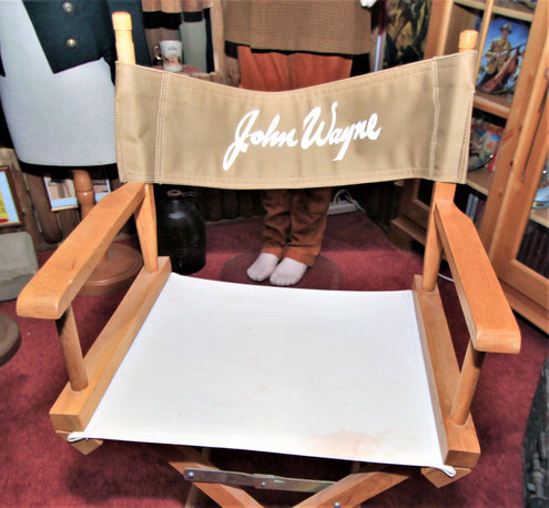 This canvas chair back was made for the 1978 television special "All Star Tribute to Jimmy Stewart" in which John Wayne appeared. Sold in the 1999 Hollywood A Collector's Ransom auction.n.