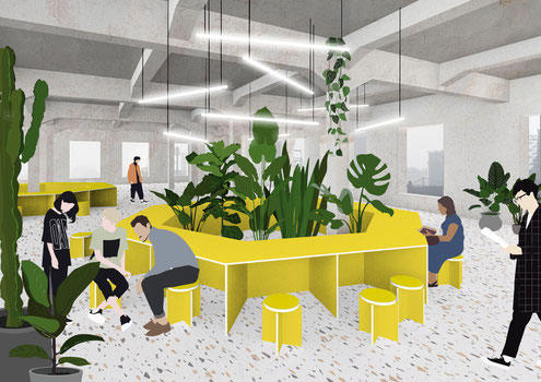 architectural collage visualization of the interior view of the digital university Linz (IT:U) as an adaptive reuse project in an industrial hall of a former factory, 