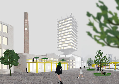 architectural collage visualization of the digital university Linz (IT:U) as an adaptive reuse project in a former factory 
