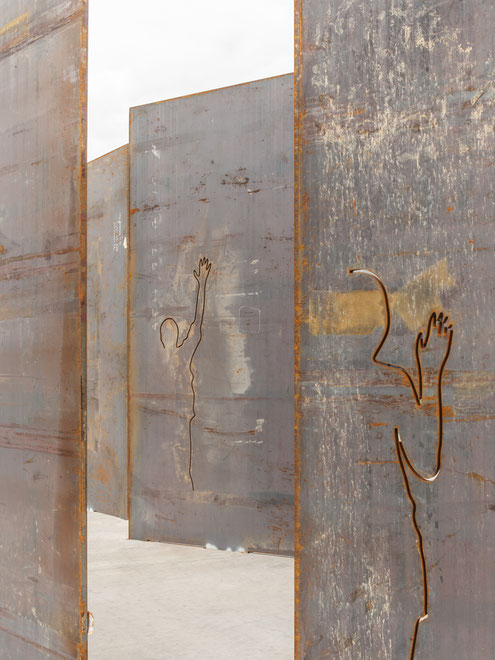 construction site of the sculptural spatial intervention for the Welser Profile Community Center in Gresten, lower Austria. parametric architecture made of massive Corten steel Panels. 