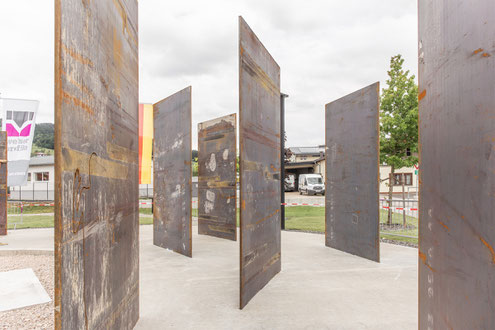 construction site of the sculptural spatial intervention for the Welser Profile Community Center in Gresten, lower Austria. parametric architecture made of massive Corten steel Panels. 
