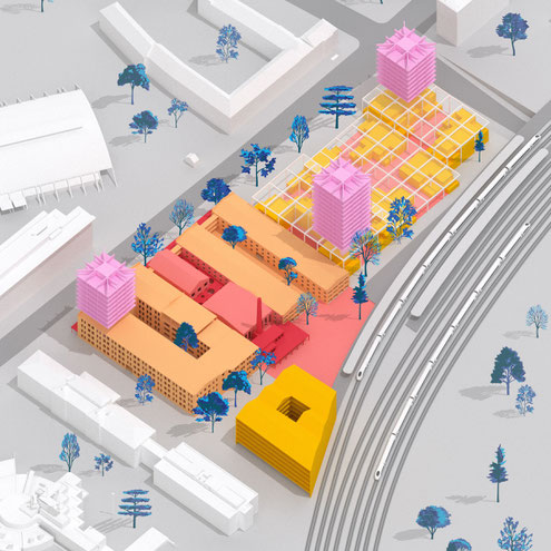 axonometric aerial view of the new digital university (IT:U) in Linz, upper austria, adaptive reuse project in a former factory including a new ÖBB train station