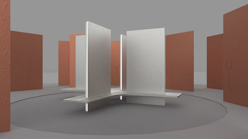 visualization of the sculptural spatial intervention for the Welser Profile Community Center in Gresten, lower Austria. parametric architecture made of massive Corten steel Panels. 