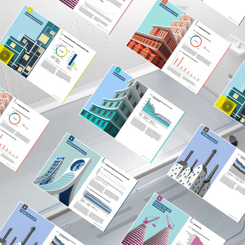 Illustration for the introduction of the chapters of the "dena Gebäudereport" of the German energy agency. Design of a colorful, iconic, minimalist architectural illustration.
