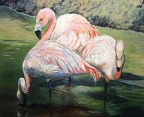 verkauft - Flamingo-Trio, Acryl auf Leinwand 100 x 80 cm