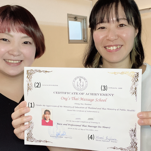 タイ政府文部省・厚生省認定校であるOng’s Thai Massage Schoolのディプロマの信頼性を、神戸のタイ古式マッサージスクール「ジムサヤーム」の卒業生のディプロマに番号をつけて解説