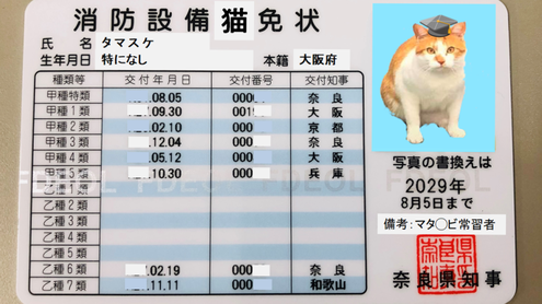 タマスケ広報課長の消防設備猫免状