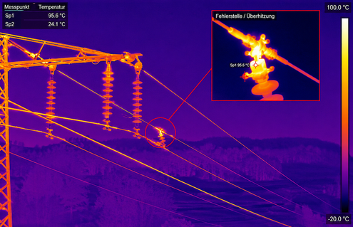 Thermografie einer Starkstromleitung mit Drohne zur Erkennung von Temperaturauffälligkeiten und technischen Defekten