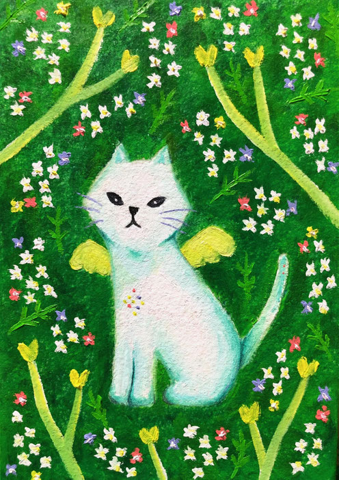 「Angel cat」227×158mm(SMサイズ) 油彩、パネル、和紙