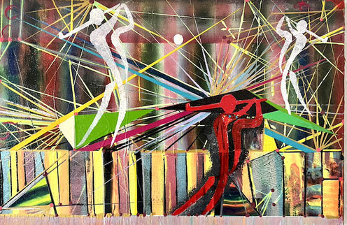 Abstraktes Kunstwerk mit drei stilisierten Golfer-Silhouetten in Weiß und Rot auf einem dynamischen Hintergrund aus Lichtlinien und Farbflächen. Titel: „GOLFER3“ von Floydart, Unikat 05/2024