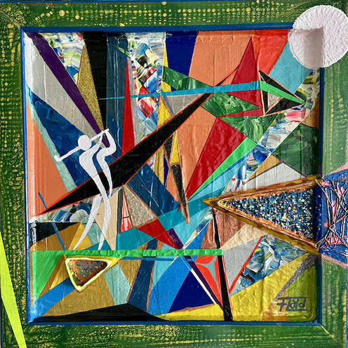 Kunstwerk mit geometrischen Farbflächen, einer weißen Golfer-Silhouette in der Mitte und eingearbeiteten Drahtstrukturen. Das Werk besteht aus Holz mit zahlreichen Lackschichten in leuchtenden Farben und symbolisiert Bewegung, Spannung und Konzentration.