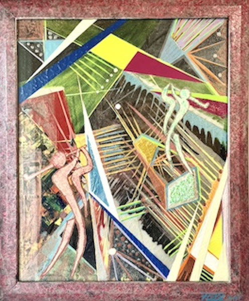 Zwei stilisierte Golfer-Figuren in einem abstrakten, farbintensiven Raum voller diagonaler Linien, geometrischer Flächen und Lichtachsen. Das Werk „GOLFER2“ von Floydart zeigt ein spannungsgeladenes Duett in Bewegung.