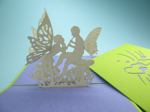 Carte pop-up elfes amoureux ivoire, violet et vert