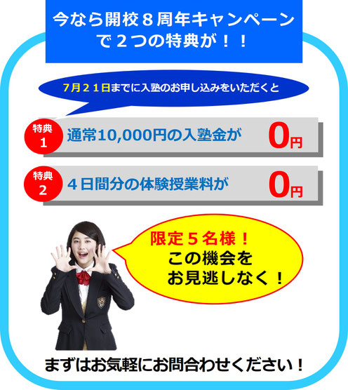 中学生の女の子がキャンペーンを知らせる画像｜今なら開校８周年キャンペーンで２つの特典が！！｜特典１：通常11,000円の入塾金が0円　特典２：４日間分の体験授業料が0円｜限定５名様　この機会をお見逃しなく！｜