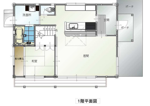 5×3.5＝17.5坪の1階。北側にまとまった水廻り。ふすまで仕切れる茶の間がある。