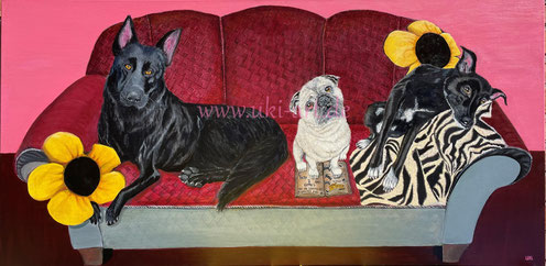Auftragsarbeit - dogs for friends, Acryl auf Leinwand, 70 x 140 cm