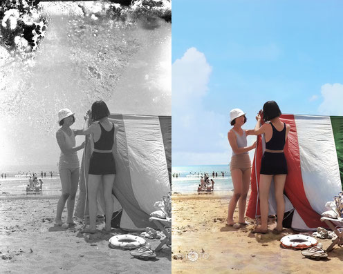 修復・色再現 作業前→作業後比較　1930年頃、東京近郊の海水浴場にて